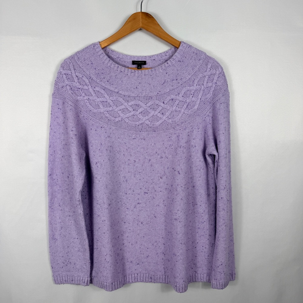 Talbots Sweater's Large Purple Excellent Cable Knit Yoke Cotton Blend Marl - Picture 2 of 7